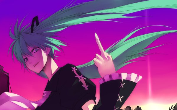Anime picture 1500x932 with vocaloid hatsune miku long hair wide image twintails aqua hair middle finger girl detached sleeves