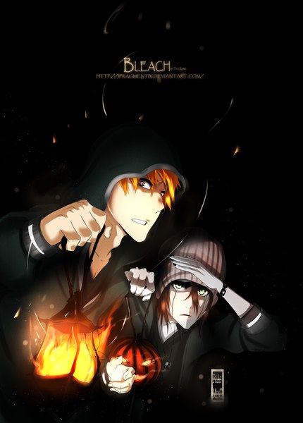 Anime picture 1024x1430 with bleach studio pierrot kurosaki ichigo ulquiorra schiffer ifragmentix tall image short hair black hair multiple girls green eyes orange hair inscription orange eyes coloring halloween face paint espada girl boy 2 girls