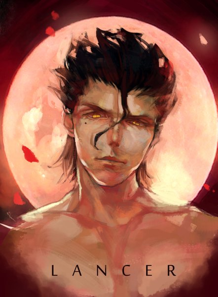 Anime picture 2049x2778 with fate (series) fate/stay night fate/zero studio deen type-moon diarmuid ua duibhne (lancer) (fate) shouka single tall image highres short hair black hair yellow eyes ahoge inscription topless boy petals moon full moon