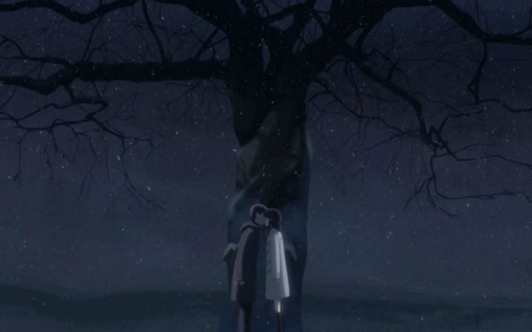 Anime picture 1920x1200 with highres wide image snowing winter kiss girl boy plant (plants) tree (trees) star (stars)