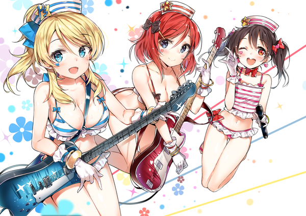 Anime picture 1410x998 with love live! school idol project sunrise (studio) love live! nishikino maki yazawa nico ayase eli yuran (cozyquilt) long hair looking at viewer blush breasts open mouth blue eyes light erotic black hair blonde hair smile red eyes twintails bare shoulders