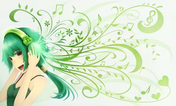 Anime picture 1200x720 with bounin single long hair open mouth wide image green hair black eyes music girl headphones