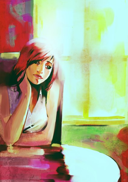 Anime picture 2480x3508 with original samkaat (artist) single tall image highres short hair green eyes looking away red hair lipstick hand on face girl window