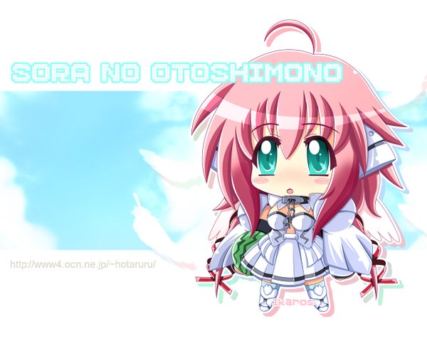 Anime picture 1280x1024 with sora no otoshimono ikaros blush pink hair aqua eyes chibi wings