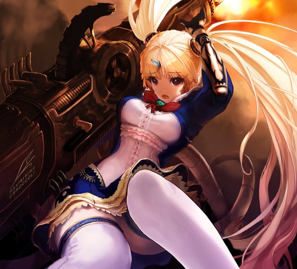 Anime picture 1500x1364 with original tachikawa mushimaro (bimo) single long hair open mouth blonde hair red eyes sitting twintails sky cloud (clouds) horn (horns) girl thighhighs dress weapon white thighhighs sun huge weapon
