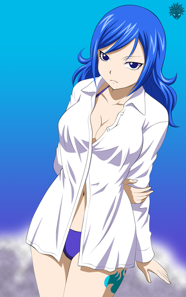 Anime picture 3000x4776 with fairy tail juvia lockser maddog05 single long hair tall image highres blue eyes light erotic blue hair tattoo coloring blue background smoke hands behind back girl shirt white shirt
