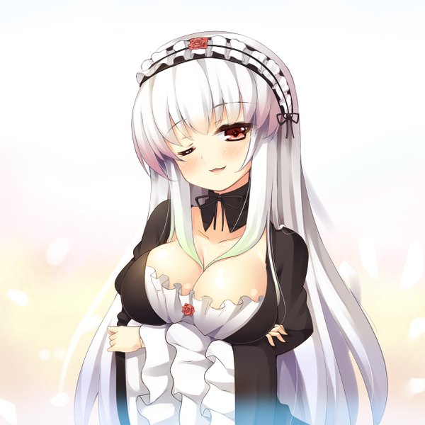 Anime picture 1250x1250 with rozen maiden suigintou asa (swallowtail) single long hair blush breasts light erotic red eyes large breasts white hair one eye closed wink girl dress headdress
