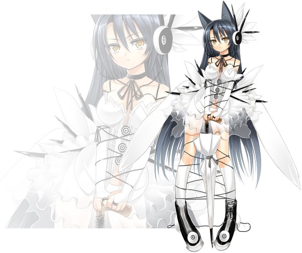 Anime picture 1312x1100 with original char single long hair fringe breasts light erotic black hair hair between eyes large breasts standing white background animal ears yellow eyes full body very long hair zoom layer closed umbrella girl dress