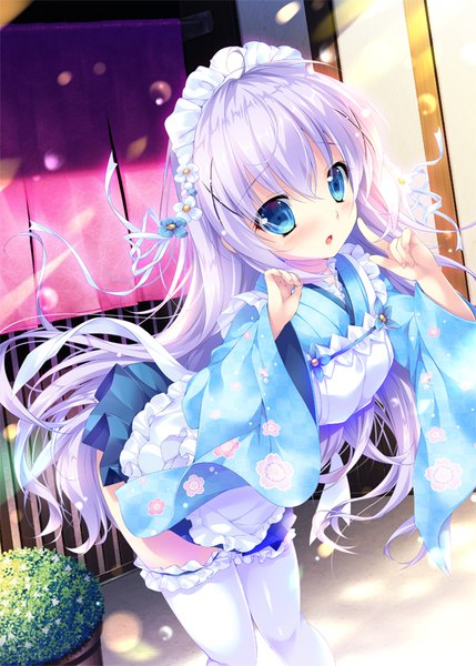 Anime picture 573x800 with gochuumon wa usagi desu ka? white fox kafuu chino mikeou single long hair tall image looking at viewer blush open mouth blue eyes light erotic blue hair wa maid girl thighhighs uniform white thighhighs frills headdress