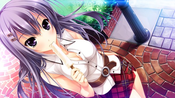 Anime picture 1280x720 with koi iro marriage takamiya kuon murakami suigun long hair blush wide image purple eyes game cg grey hair girl skirt hair ornament miniskirt food belt sweets hairclip ice cream