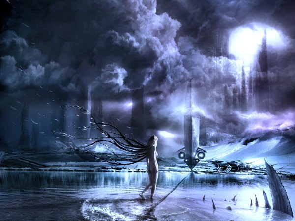 Anime picture 1200x900 with alexiuss long hair light erotic cloud (clouds) nude night science fiction girl water moon