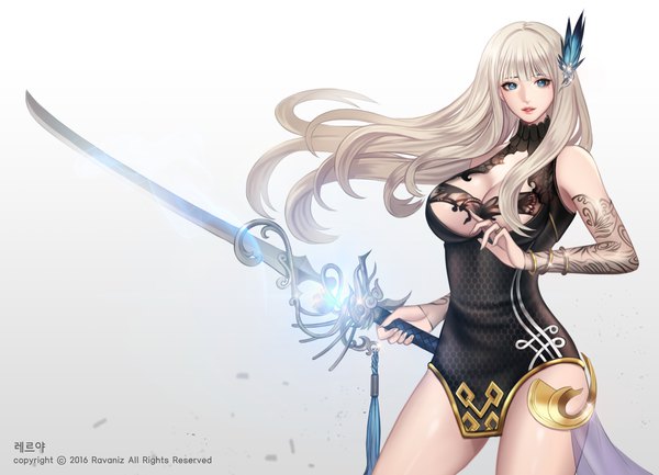 Anime picture 2255x1631 with blade & soul ravaniz single long hair looking at viewer highres breasts blue eyes light erotic large breasts bare shoulders holding signed silver hair lips inscription hieroglyph glowing weapon girl dress
