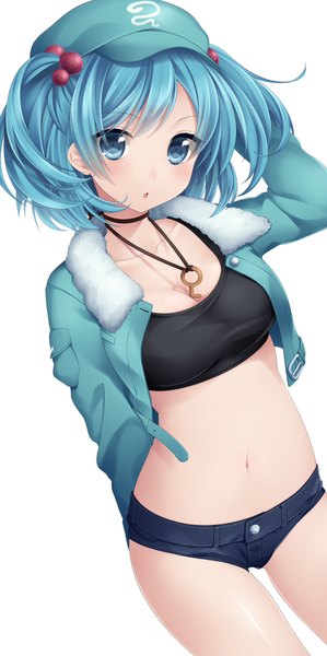 Anime picture 944x1892 with touhou kawashiro nitori miya (tsumazukanai) single tall image looking at viewer short hair open mouth blue eyes white background blue hair open clothes open jacket girl navel jacket shorts flat cap key