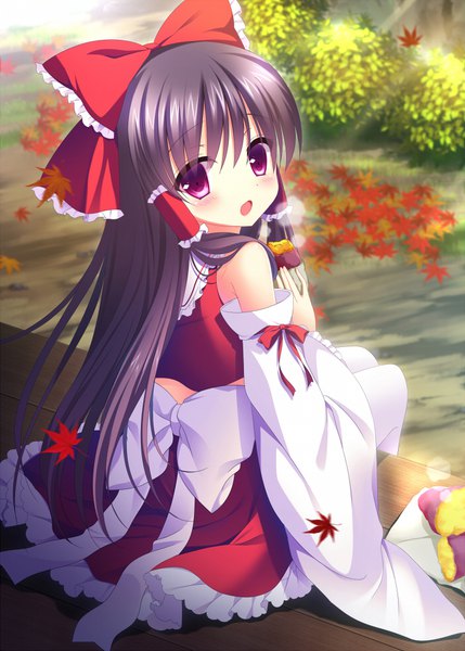 Anime picture 700x979 with touhou hakurei reimu shibainu niki single long hair tall image looking at viewer blush fringe open mouth black hair sitting traditional clothes japanese clothes pink eyes looking back miko autumn girl skirt