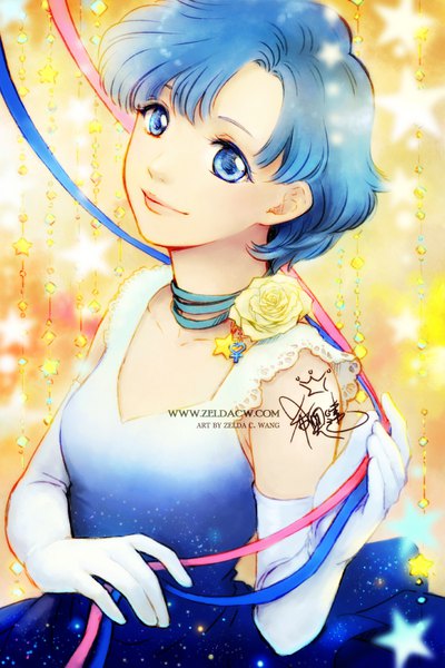 Anime picture 540x810 with bishoujo senshi sailor moon toei animation mizuno ami zelda c. wang single tall image looking at viewer fringe short hair blue eyes signed blue hair upper body lips sparkle depth of field turning head starry sky print girl dress