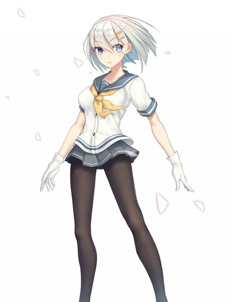 Anime picture 1000x1315 with kantai collection hamakaze destroyer yilan single tall image looking at viewer blush short hair blue eyes simple background white background white hair girl skirt gloves hair ornament miniskirt pantyhose white gloves sailor suit