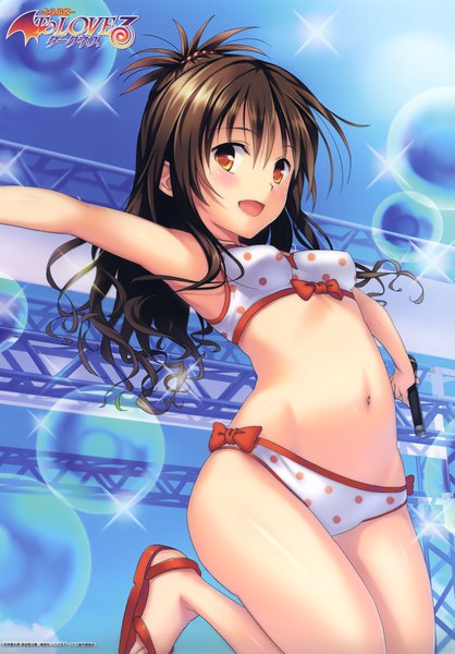 Anime picture 2295x3293 with toloveru toloveru darkness xebec yuuki mikan yabuki kentarou single long hair tall image looking at viewer blush fringe highres open mouth light erotic smile hair between eyes brown hair holding brown eyes scan