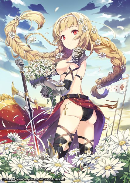 Anime picture 640x898 with qurare: magic library h2so4 single tall image fringe breasts light erotic blonde hair smile red eyes standing looking away sky cloud (clouds) ass outdoors blunt bangs braid (braids) very long hair hair flower