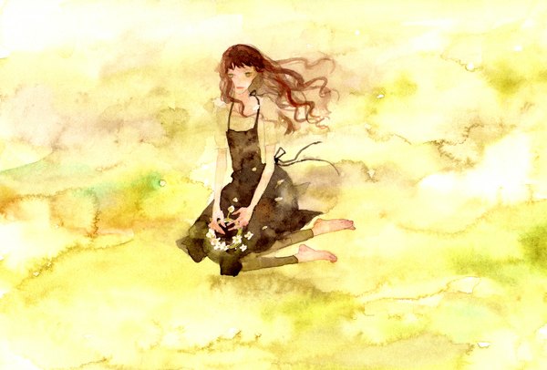 Anime picture 1182x800 with original ena yume single long hair brown hair sitting green eyes barefoot wind yellow background traditional media watercolor (medium) girl flower (flowers) apron wreath