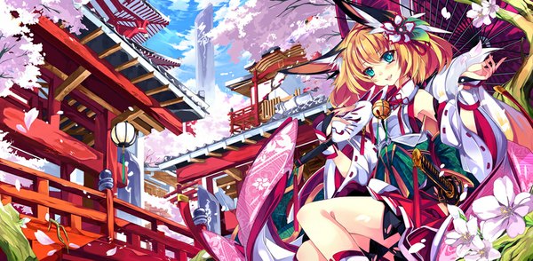 Anime picture 1000x490 with original shirokitsune single long hair blush blue eyes blonde hair wide image animal ears traditional clothes flower (flowers) weapon detached sleeves petals sword katana bell mask