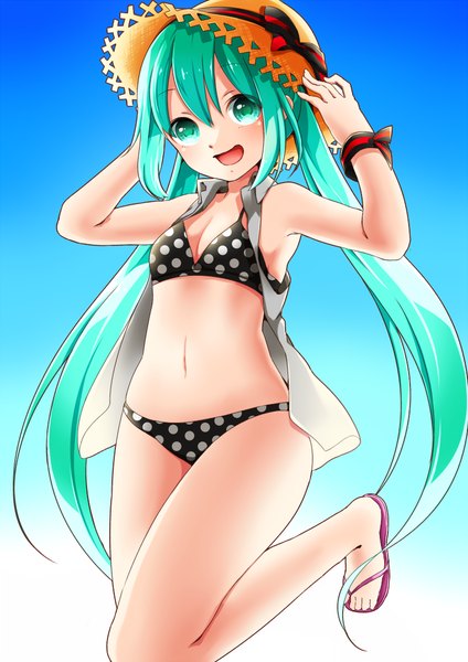Anime picture 800x1131 with vocaloid hatsune miku akira ry0 single long hair tall image looking at viewer fringe open mouth simple background standing white background twintails bare shoulders ahoge bent knee (knees) aqua eyes aqua hair bare belly armpit (armpits)