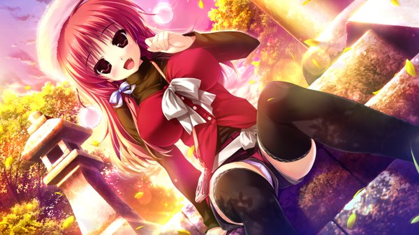 Anime picture 2560x1440 with prism recollection renjou sayaka shintarou single long hair looking at viewer highres open mouth light erotic smile red eyes wide image sitting game cg red hair happy pantyshot sitting girl thighhighs hair ornament