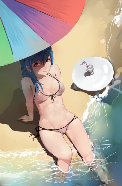 Anime picture 1790x2721 with original grain single long hair tall image fringe highres breasts light erotic smile hair between eyes red eyes blue hair cleavage arm support shadow thighs beach groin cameltoe