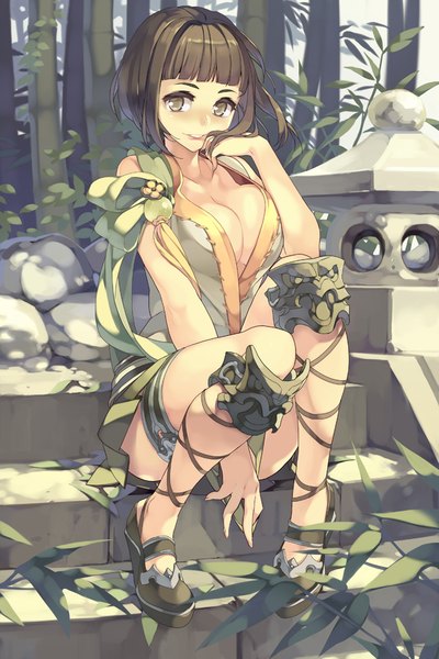 Anime picture 667x1000 with blade & soul btoor single tall image looking at viewer blush short hair breasts light erotic brown hair sitting brown eyes cleavage girl plant (plants) tree (trees)