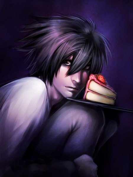 Anime picture 1200x1600 with death note madhouse l (death note) moni158 single tall image fringe short hair black hair simple background sitting looking away black eyes leg hug boy food sweets berry (berries) cake strawberry