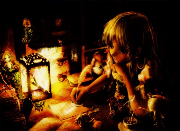 Anime picture 2220x1614 with pixiv girls collection 2010 long hair highres blonde hair brown eyes night shadow light girl plant (plants) insect butterfly feather (feathers) branch lantern paper lamp shelf bookshelf room