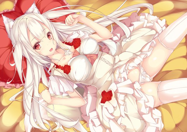 Anime picture 3035x2149 with original shirohina single long hair looking at viewer fringe highres open mouth light erotic red eyes animal ears absurdres white hair lying animal tail cameltoe girl thighhighs dress underwear