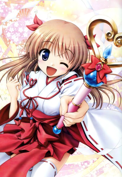 Anime picture 2190x3180 with daitoshokan no hitsujikai shirasaki tsugumi bekkankou single long hair tall image blush highres open mouth brown hair purple eyes traditional clothes one eye closed wink scan miko girl thighhighs bow hair bow