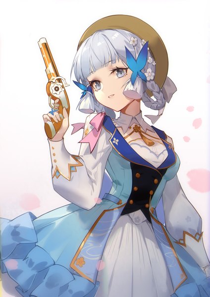 Anime picture 1860x2631 with genshin impact kamisato ayaka kamisato ayaka (springbloom missive) woodylixx single tall image fringe highres short hair white background looking away silver hair blunt bangs official alternate costume silver eyes hair rings girl dress hair ornament weapon