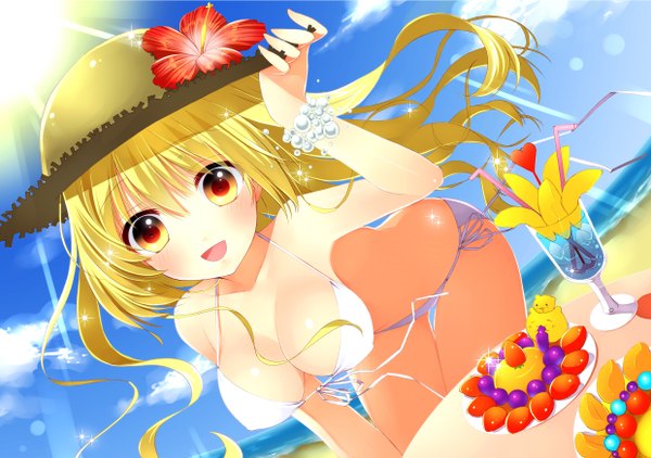 Anime picture 2480x1748 with original yadapot single long hair blush highres breasts open mouth light erotic blonde hair red eyes beach girl flower (flowers) swimsuit hat bikini food sweets white bikini