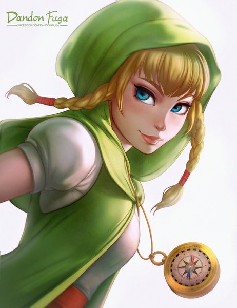 Anime picture 655x850 with the legend of zelda hyrule warriors linkle dandon fuga single tall image fringe short hair blue eyes simple background blonde hair braid (braids) light smile lips realistic twin braids eyebrows girl hood compass