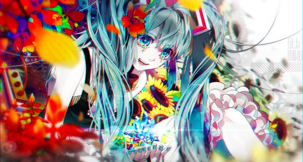 Anime picture 1000x538 with vocaloid hatsune miku akiakane single long hair open mouth wide image sitting twintails nail polish hair flower aqua hair tears crying colorful girl dress hair ornament flower (flowers) frills
