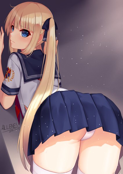 Anime picture 4133x5846 with original allenes single long hair tall image fringe highres blue eyes light erotic simple background blonde hair twintails signed payot looking away absurdres ass looking back pantyshot dated