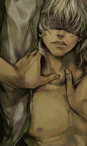 Anime picture 700x1167 with original shibue tall image short hair nipples grey hair open clothes open shirt blindfold boy shirt beard hands