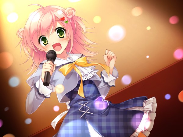 Anime picture 1680x1260 with sakura no reply tsukimori chiyoko blush short hair open mouth green eyes pink hair game cg karaoke girl uniform school uniform microphone