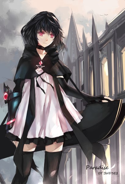 Anime picture 1535x2244 with original paradise (character) swd3e2 single tall image looking at viewer short hair black hair pink eyes girl thighhighs dress black thighhighs