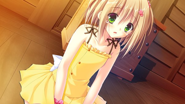 Anime picture 1024x576 with sugirly wish shirosaki hina short hair blonde hair wide image green eyes game cg loli tears girl sundress