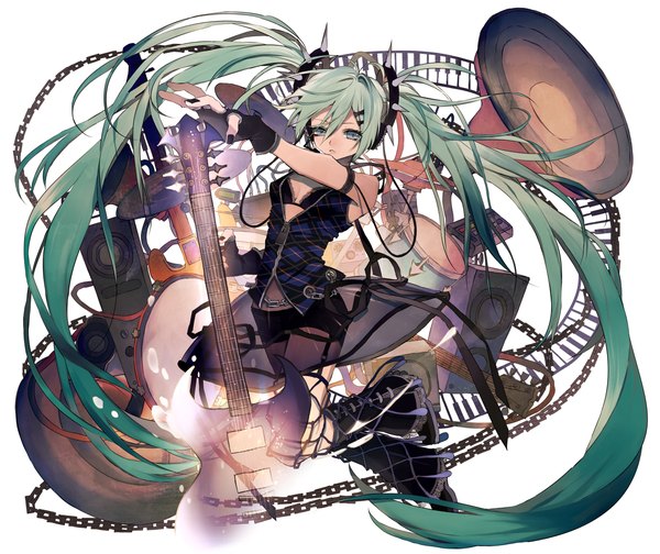 Anime picture 1250x1050 with vocaloid hatsune miku tsukioka tsukiho single long hair light erotic twintails nail polish aqua eyes aqua hair revision girl skirt underwear boots fingerless gloves musical instrument guitar speakers drum