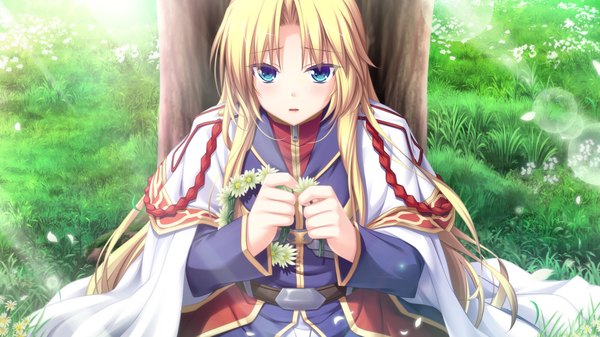 Anime picture 1280x720 with tenbin no la dea eushully single long hair looking at viewer blue eyes blonde hair wide image game cg girl dress flower (flowers) plant (plants) petals tree (trees)