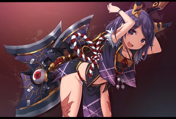 Anime picture 1800x1224 with original zenn (artist) single long hair looking at viewer blush highres open mouth purple eyes purple hair traditional clothes horn (horns) girl weapon