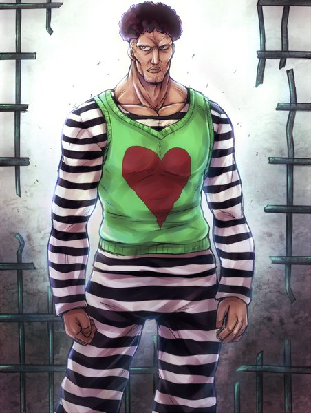 Anime picture 679x900 with one-punch man madhouse puri puri prisoner inaba-no-kuni-tottori single tall image short hair standing looking away striped muscle serious prisoner boy heart sweater bars