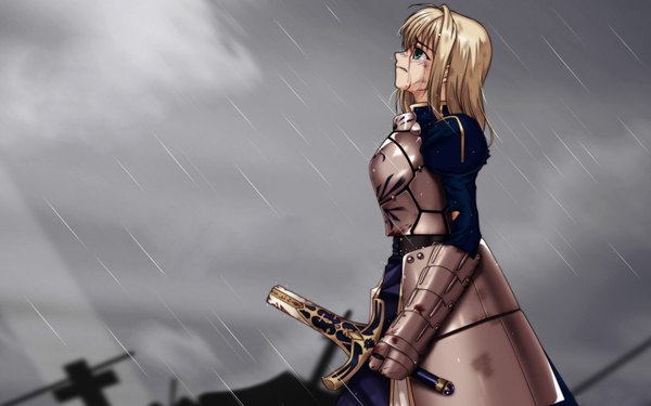 Anime picture 1680x1050 with fate (series) fate/stay night studio deen type-moon artoria pendragon (all) saber wide image sky rain