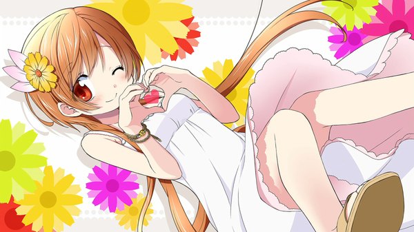 Anime picture 1920x1080 with nisekoi shaft (studio) tachibana marika aoki ume single long hair looking at viewer blush fringe highres red eyes brown hair wide image sitting one eye closed hair flower wink dutch angle sleeveless heart hands