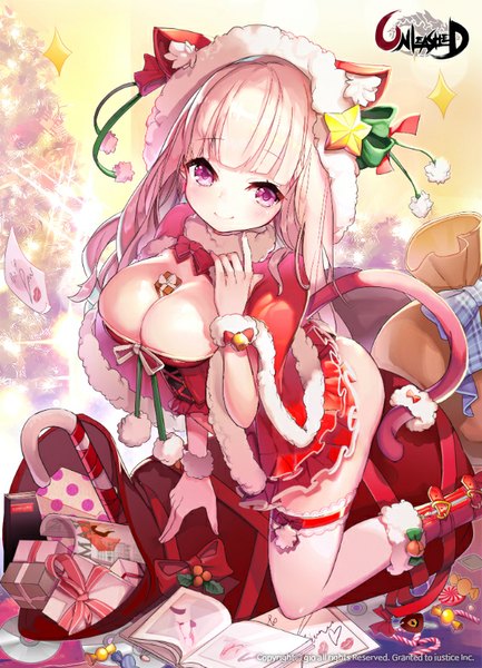Anime picture 600x830 with original gio (maroon0924) single long hair tall image blush fringe breasts light erotic smile large breasts standing animal ears pink hair tail animal tail pink eyes cat ears sparkle cat girl