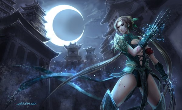 Anime picture 4000x2414 with xiaoguimist single highres breasts light erotic brown hair wide image absurdres cleavage outdoors very long hair night crescent architecture electricity east asian architecture eclipse girl hair ornament weapon
