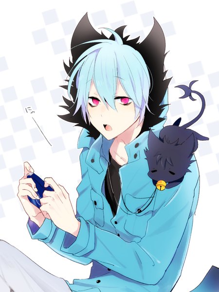 Anime picture 750x1000 with servamp kuro (servamp) kuro (cat form) kyokutsuki single tall image looking at viewer fringe short hair open mouth hair between eyes sitting blue hair pink eyes fur trim animal on shoulder boy animal jacket fur